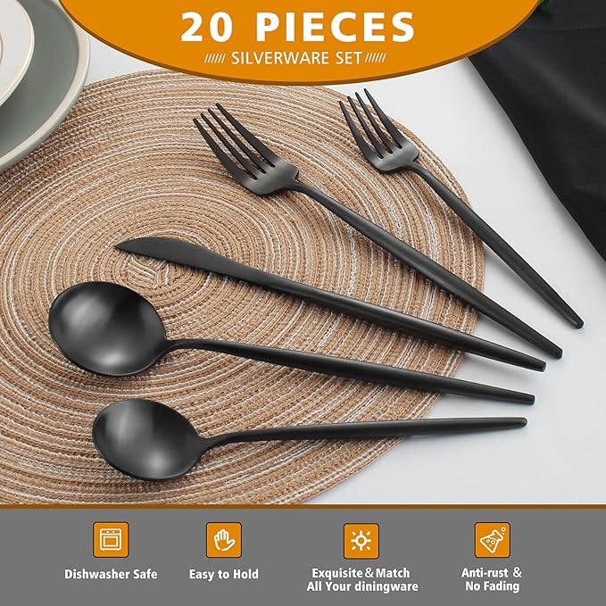 Matte Black Silverware Set, Oliviola 20-Piece Stainless Steel Flatware Cutlery Set Service for 4, Satin Finish Kitchen Utensil Set, Dishwasher Safe