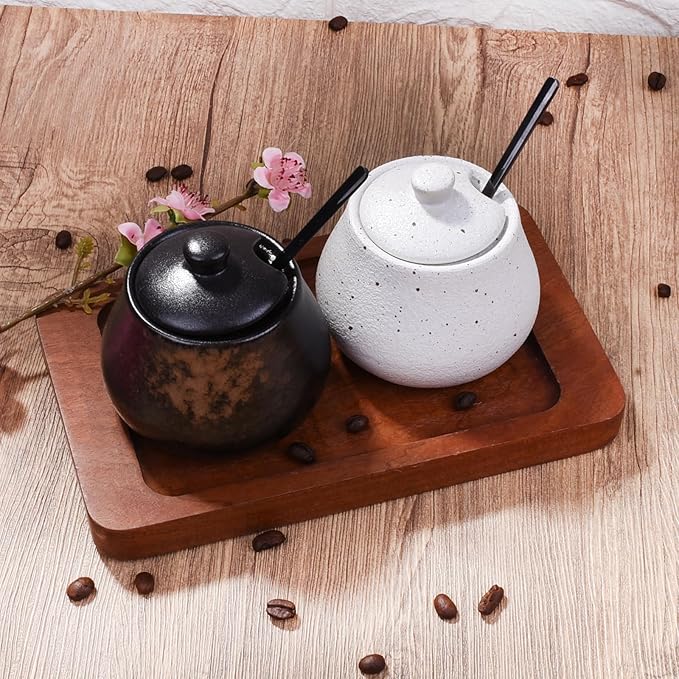 Sugar Bowl with Lid and Spoons Porcelain Sugar Salt Containers for Spice Seasoning (Black)