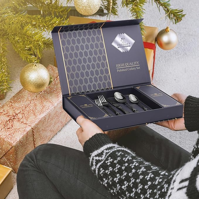 40 Piece Gorgeous Retro Royal Black Silverware Set for 8, Premium Stainless Steel Flatware Set with gift box, Mirror Polished Cutlery Set Including Spoons and Forks, Vintage Utensils, Dishwasher Safe