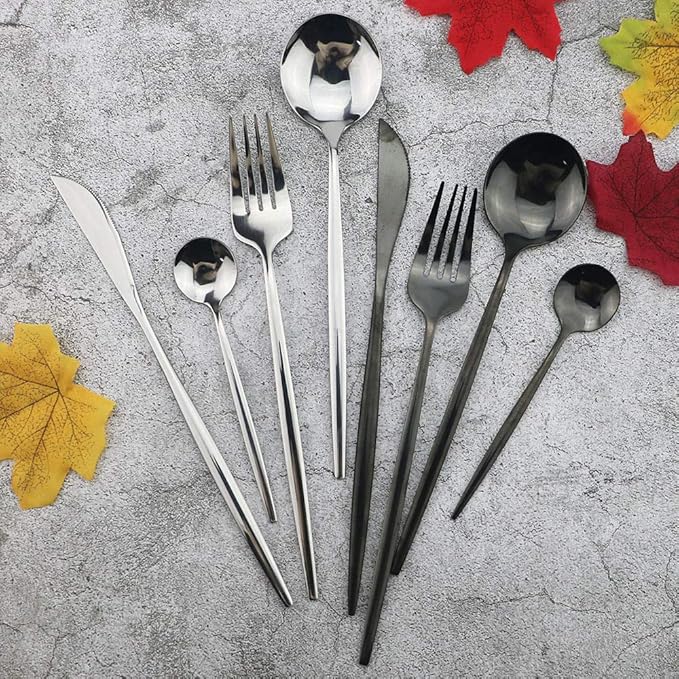 JASHII 32 Pieces Cutlery Set Stainless Steel Home Kitchen Flatware Set Mirror Polished Knife Fork Set Spoon Modern Elegant Tableware Set (Silver Full)