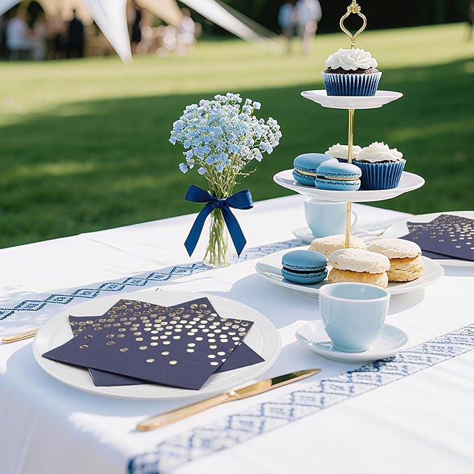 80 Pack of Paper Cocktail Napkins with Gold Foil Polka Dot Confetti，Polka Dot Party Supplies(5 x 5 in，2-ply) (80, blue gold)