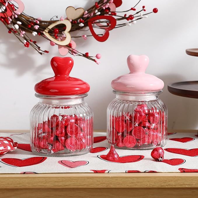 Valentines Day Decorations -2 PCS Glass Jars with Ceramic Heart Lid-Valentines Glass Storage for Chocolate Candy Sweets Gift Table Party Centerpieces Decor