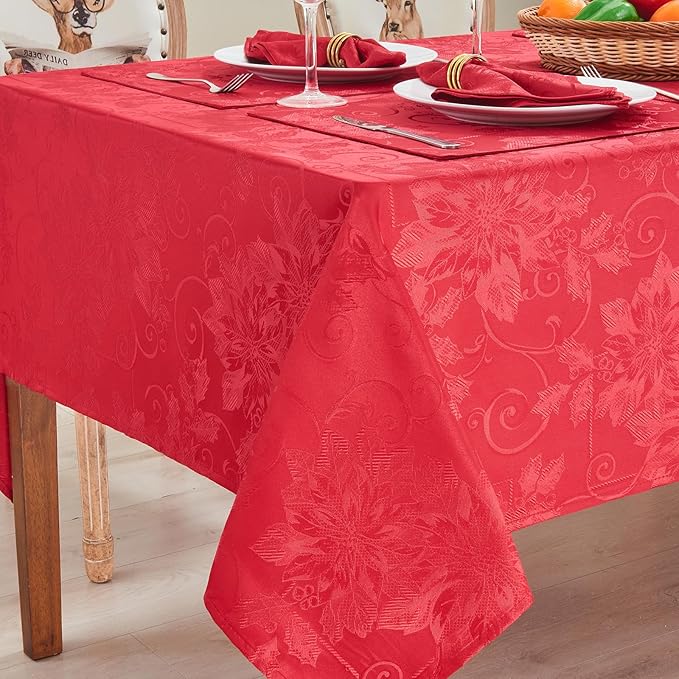 Rectangle Christmas Jacquard Table Cloth Waterproof Elegant Damask Floral Pattern Heavy Weight Wipeable Wrinkle Free Fabric Table Covers for Dinner or Daily Uses(Dark Red/60x144 Inch)