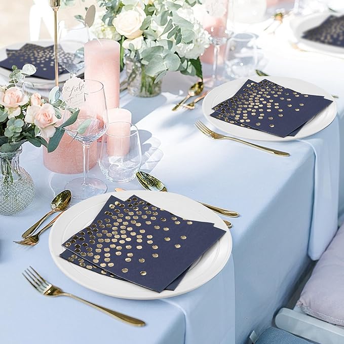 80 Pack of Paper Cocktail Napkins with Gold Foil Polka Dot Confetti，Polka Dot Party Supplies(5 x 5 in，2-ply) (80, blue gold)