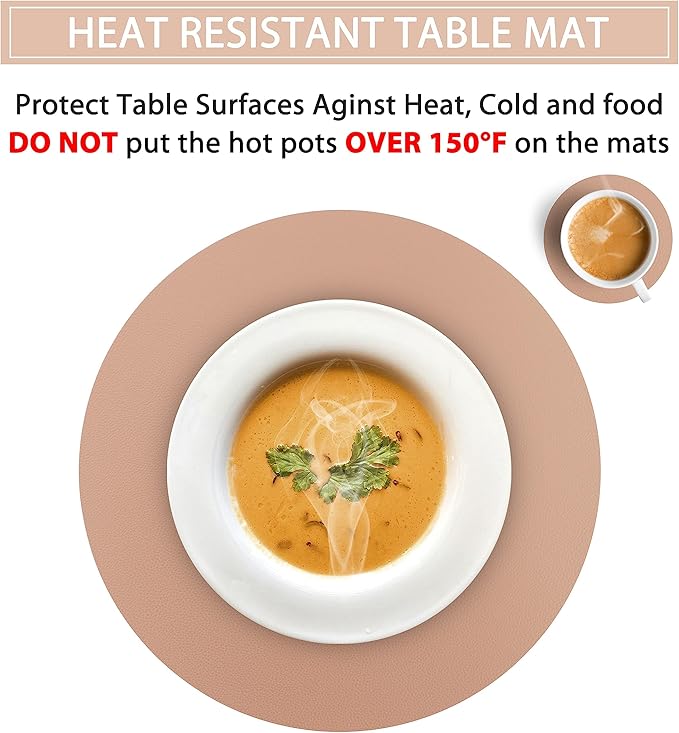 Wipeable Placemats and Coasters Leather Table Mats Waterproof Heat-Resistant Easy to Clean for Dining Table Set Kitchen Table Set of 6, Peach