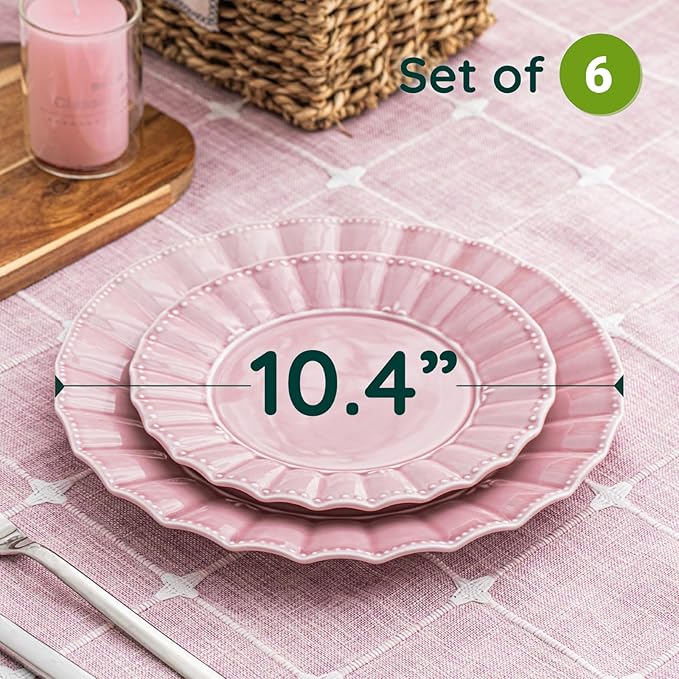 HOMBENE Dinner Plates 10.5 Inches Set for 6, Ceramic Plates, Salad Serving Plates, Wavy Style, Microwave & Dishwasher Safe Plates for Cake Waffles Snacks (Dreamy Sakura Pink)