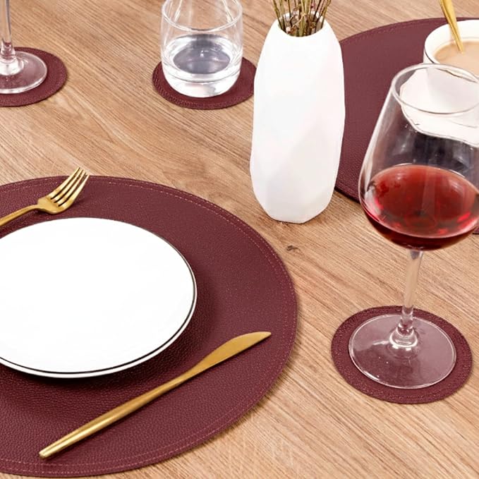Faux Leather Round Placemats and Coasters, Coffee Mats Kitchen Table Mats, Waterproof, Easy to Clean for Round Table, Dining Table