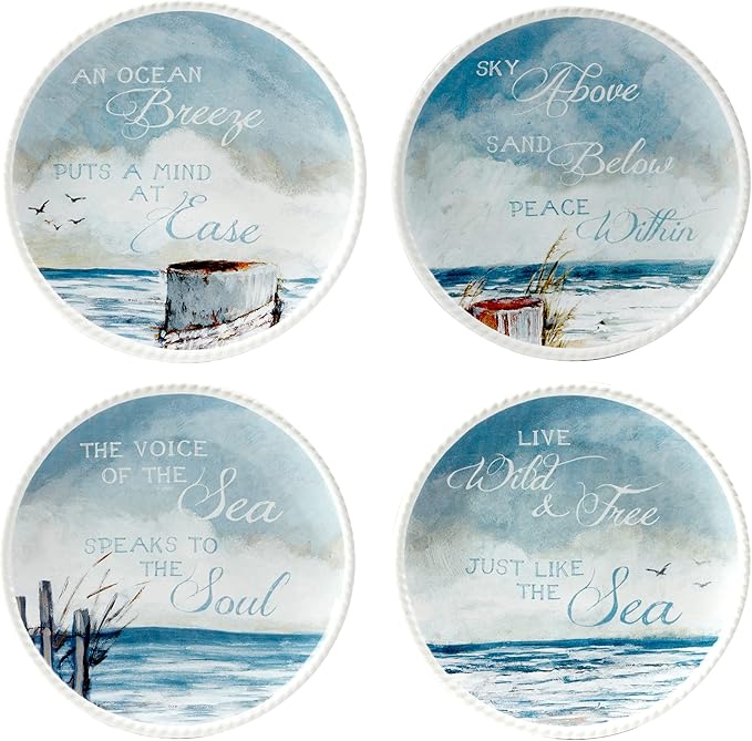 Shorebirds 6" Ceramic Canape and Luncheon Plates – Set of 4 with Assorted Coastal Quote Designs – Dishwasher & Microwave Safe – Ocean-Inspired Snack Plates for Entertaining or Beach House Décor