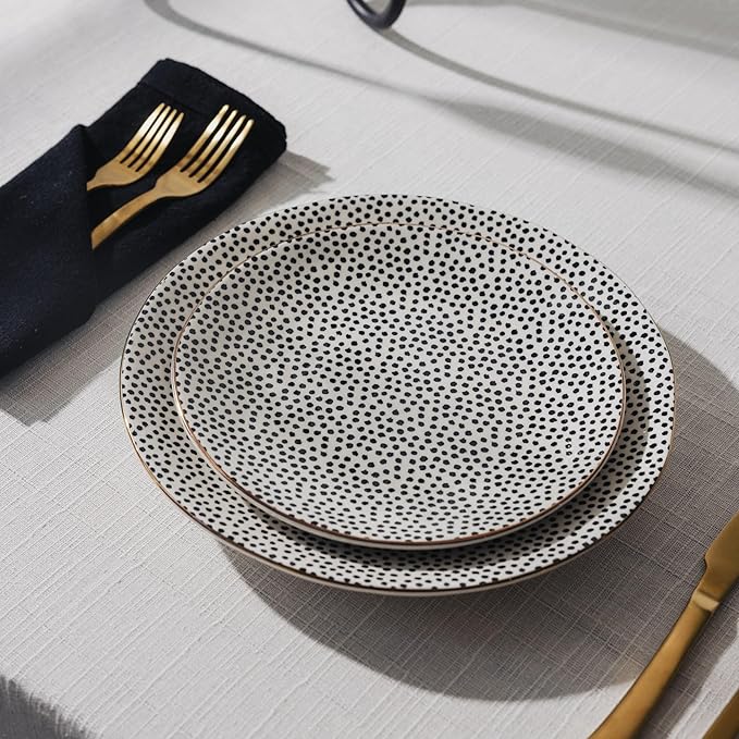 12-Piece Ceramic Dinnerware Set, Black & White, Dishwasher & Microwave Safe Tableware for Home Kitchen Dining Entertaining