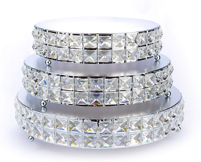 3 Pack Shiny Crystals Cake Stands with Spatula Metal Decorative Cupcake Holder Round Dessert Display Stand for Wedding Birthday Anniversary & Party (Silver, 10" | 12" | 13")