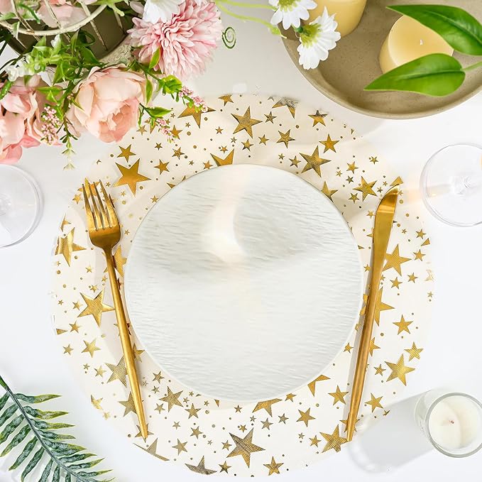 Gold Star Placemats Disposable Round Table Mat 13 Inch Golden Foil Mesh Pressed Placemat Tablecloths Glitter Table Runner for Birthday Party Wedding Home Dinners Tables Decor (Gold Star, 100 Pcs)