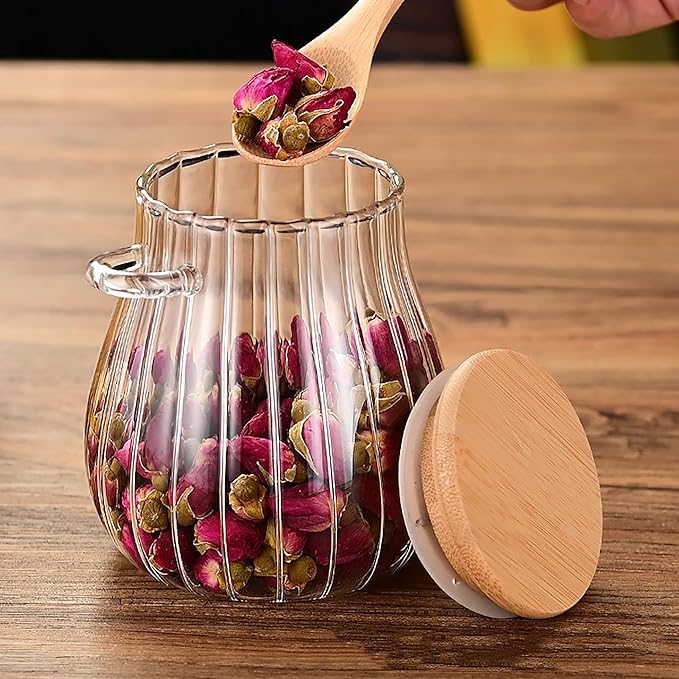 2Pcs Sugar Container with Bamboo Spoon Lid 15 oz Sugar Bowl Glass Coffee Canister Glass Jar Food Storage Jar Candy Jar Kitchen Coffee Bar Decor