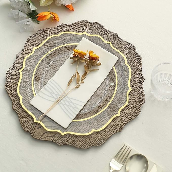 Efavormart 6 Pack | 13" Rustic Natural Wooden Textured Acrylic Charger Plates With Scalloped Rim