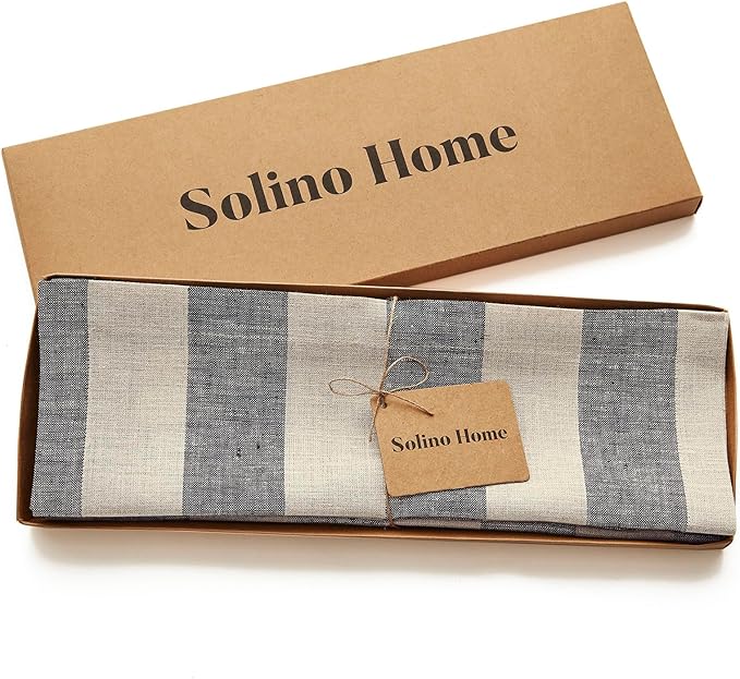 Solino Home Linen Placemats Set of 4 - Cabana Stripe Black and Natural Placemats 14 x 19 Inch - 100% Pure Linen Place Mats for Winter, Holiday