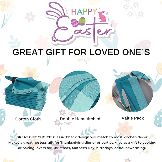 Homidate Cotton Cloth Dinner Napkins Set of 12 – 20x20 Teal Multi Double Hemstitched – Machine Washable Reusable Fabric Napkins for Weddings & Dinner Tables