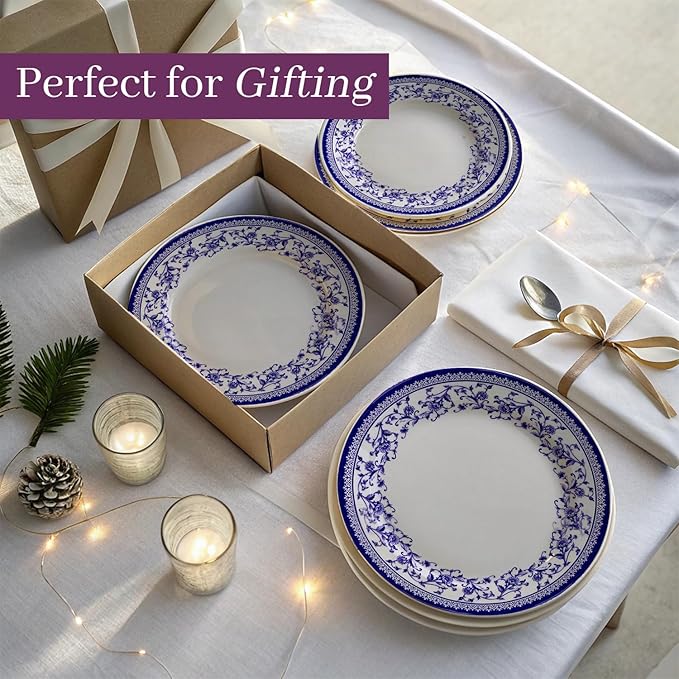 TUDOR ROYAL 12-Piece Round Porcelain Dinnerware Set, Service for 4 - Aster BLUE Design, Multicolor Floral, Plates Bowls Mugs Dishes, Premium Quality Tableware, Unique Pattern, Glossy