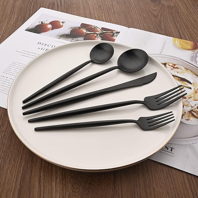 Flatware Set 18/10 Stainless Steel Matte Black - Kitchen Utensil Serving Set of Dinner Fork Knife Spoon Salad Fork Dessert Spoon,5 picec Set of 1, for Home Kitchen Restaurant Hotel