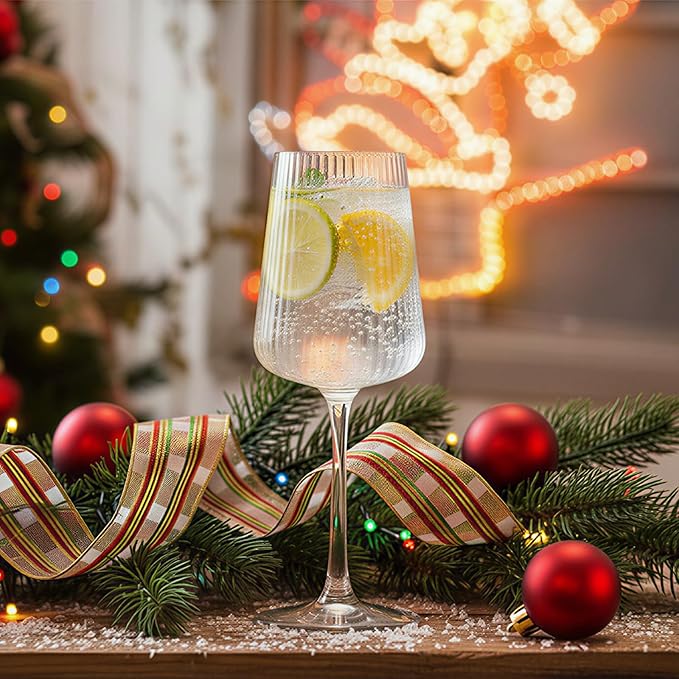 Hand Blown Ribbed Wine Glasses with stem, Clear, Lead-Free Crystal Glasses, Luxury Gift, Set of 4, Unique, 18oz Premium Wine Goblet, Large capacity, Fluted Design