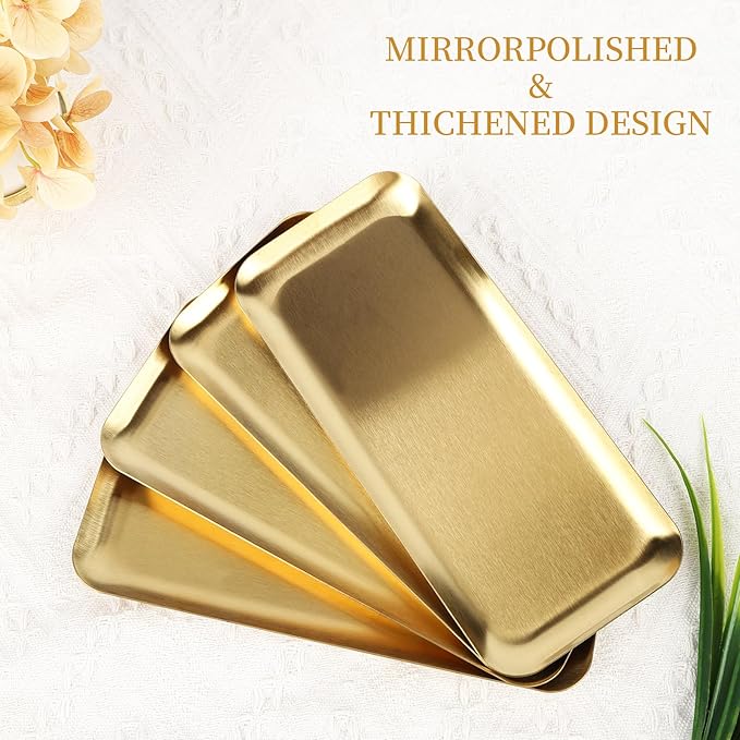 4PCS Stainless Steel Serving Trays Gold Trays for Decor 8.66 X3.82 Inches Rectangle Serving Vanity Tray Small Jewelry Makeup Decorative Storage Platter for Party Buffet Sushi Snack Tea Fruit