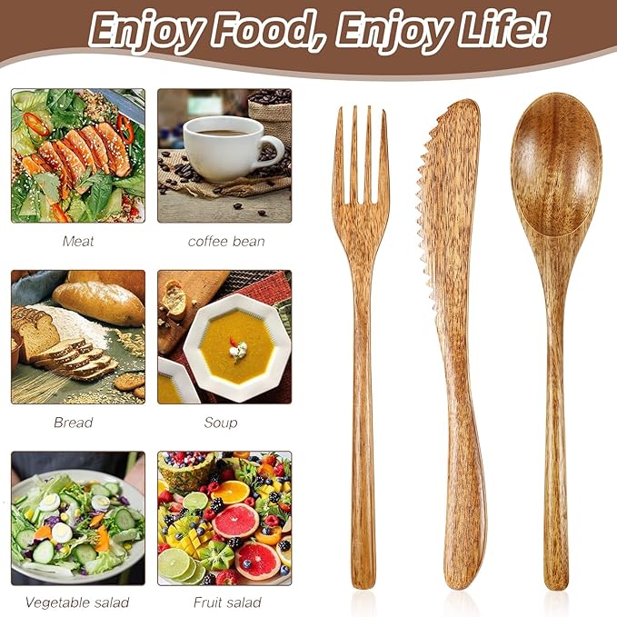 Geiserailie 24 Pcs Wooden Utensils for Eating Set Wooden Spoon Fork Knife Cutlery Set Kitchen Wood Utensils Dinner Flatware Tableware (Acacia Wood)