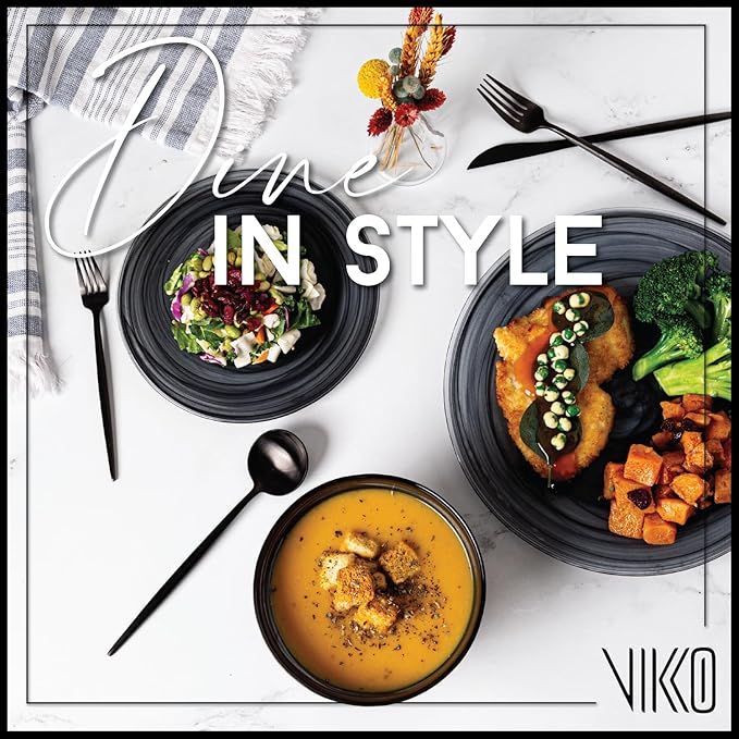 Vikko Soup Bowl, Set of 6 Black Alabaster Bowls, 6" Bowl with Marbelized, Swirl Design, Large 32 Ounce Capacity, Dishwasher Safe