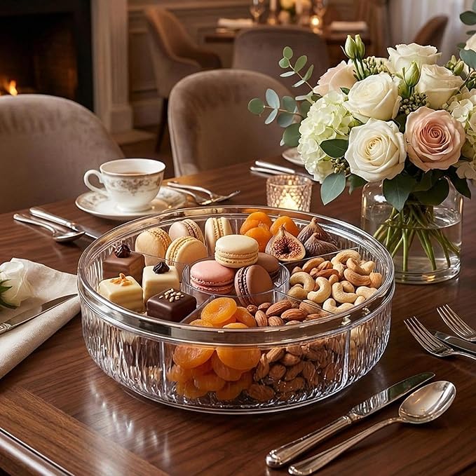 Serving Tray Container Rotating Snack Plate Dried Nuts Platter for Kitchen Entertaining, silver Bow