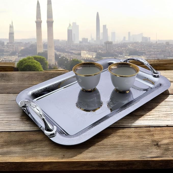 (Pack of 3 11.4 inch x 7.9 inch Oblong Chrome Plated Mirror Silver Serving Tray with Handles Stylish Design Floral Engraved Edge Decorative Party Birthday Wedding Platter Plate CC-1054