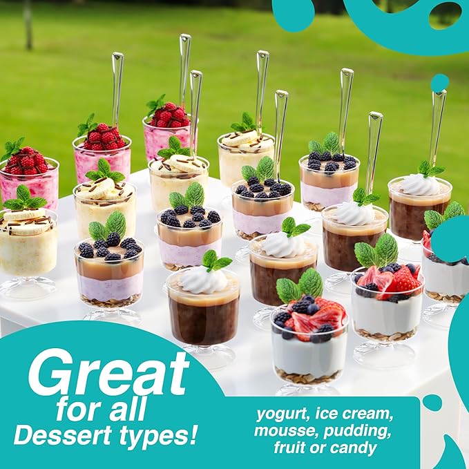 Exquisite Mini Dessert Cups With Spoons 200 Pcs - 2 Oz Round Clear Plastic Pudding Cups Disposable With Tasting Spoons 100 Sets | Mini Parfait Cup | Appetizer Cup For Party & Events