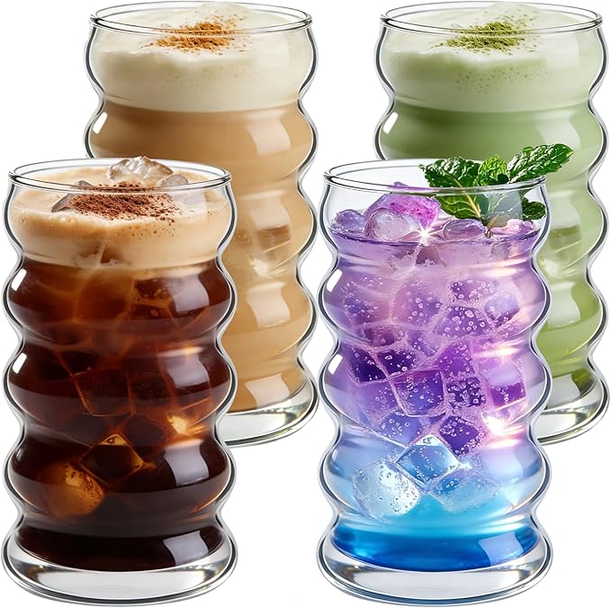 Ework4U 4 Pcs 20oz Drinking Glasses Set with Straws, Cute Iced Coffee Glass Cups, Iced Coffee Tumblers, Thick Drinking Jars for Smoothie, Boba Milk Tea, Ideal for Gift, with Straw Brush