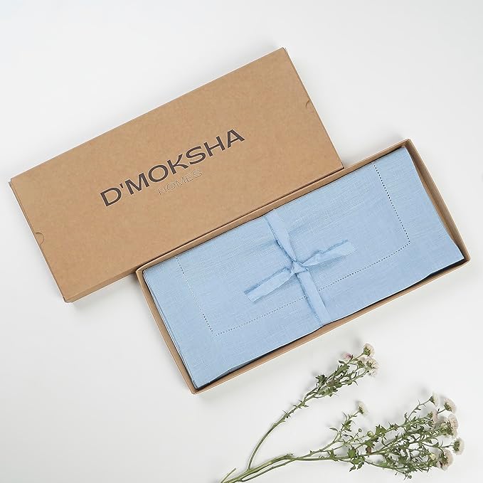 D'Moksha Homes Linen Powder Blue Table Runner 72 Inches Long - 100% Pure Linen Hemstitch Table Runner 14 x 72 Inch for Dresser, Dining, Winter, Christmas, Holiday, New Year - Classic Hemstitch