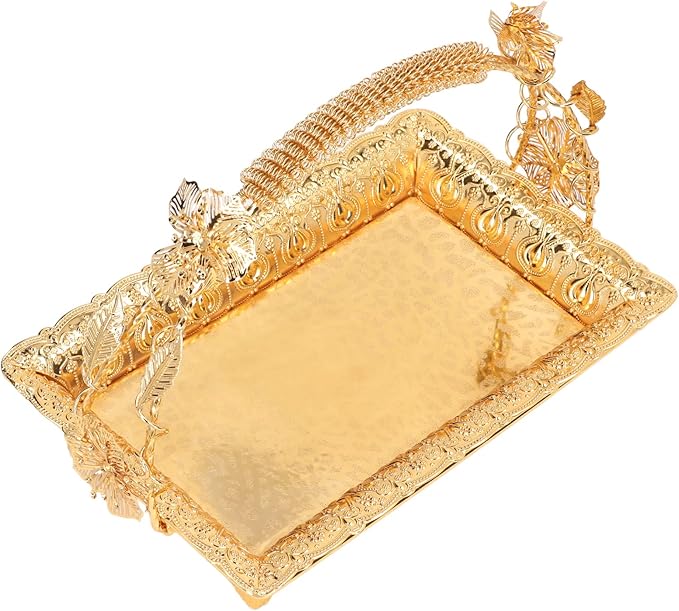 Dioche Vintage Style Coffee Serving Tray - Elegant Gold Color Zinc Alloy Metal Serving Tray for Home, Bar & Cafe - Decorative Tea, Appetizer, & Platter Use