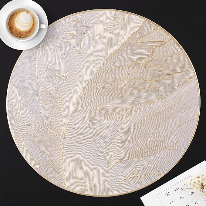 FAVE 12PCS Round Placemats Feather Pressed Vinyl Placemats Set of 12 Slip Resistant Table Mats Wipeable Gold Placemat for Table Decor Holiday Wedding Accent(Golden Feather, 12PCS)
