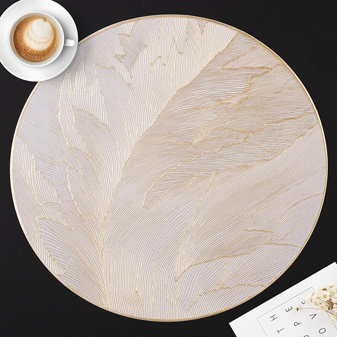 FAVE 6PCS Round Placemats Feather Pressed Vinyl Placemats Set of 6 Slip Resistant Table Mats Wipeable Gold Placemats for Wedding, Banquet, Birthday, Party, Restaurant Decorations(15IN,Feather)