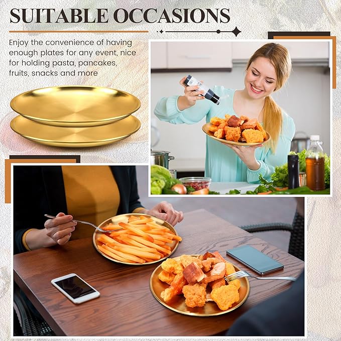 Nuogo 20 Pieces Stainless Steel Gold Plates 6.5 Inch Gold Dinner Plates Metal Serving Tray Dessert Dishes for BBQ, Salad, Snack, Desserts, Food Serving, Outdoor Camping