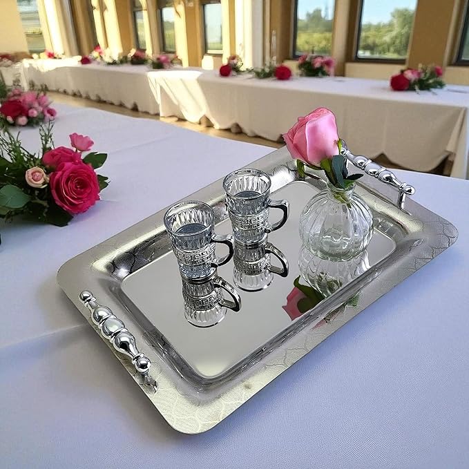 (Pack of 2) 15.7 inch x 11 inch Oblong Chrome Iron Gold Plated Serving Tray with Handles Stylish Design Different Leaf Floral Engraved Edge Wedding Dessert Buffet Platter Plate NC-008