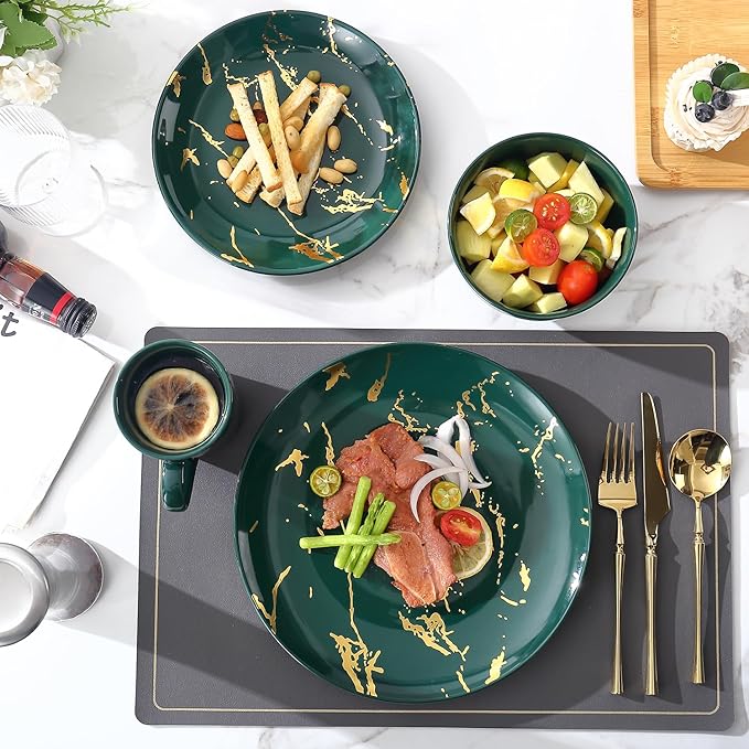 Modern Porcelain 16 Piece Green Dinnerware Set,Plates and Bowls Sets,Gold Dish Set for 4,Green Dinnerware Set,Dinner Sets with Dinner Plates.
