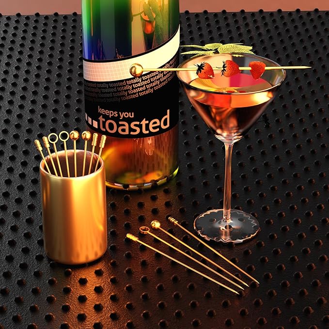 Metal Cocktail Picks 12Pack+Holder Kit, 304 Stainless Steel Toothpicks, Reusable Cocktail Skewers, Garnish Picks Bloody Mary Skewers, Martini Picks for Olives Appetizers Fruit (Mix Gold)