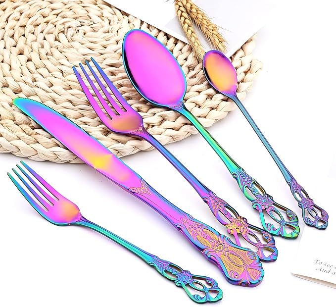 Elegant 32-Piece (4 Set) Retro Flatware Set, Stainless Steel Cutlery Set - Complete Eating Tableware Serving Set, Dishwasher Safe, Shiny Mirror Polish (Rainbow)