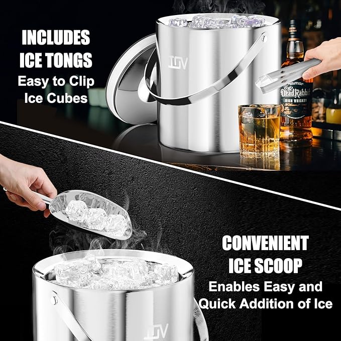 IOV Ice Bucket with Lid, Scoop, Tongs, and Strainer, 3 L Stainless Steel Double Wall Insulated Ice Bucket for Parties, Keeps Ice Frozen Longer, Ideal for Cocktail Bars, Freezers, and Wine - Silver