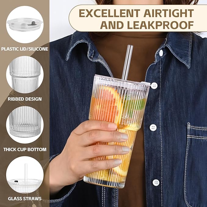 AFINSEA 20OZ Glass Tumbler with Straw and Lid,Glass Cups with Lids and Straws,Ribbed Iced Coffee Cups Vintage Glassware for Juice Whiskey Cocktail Beer