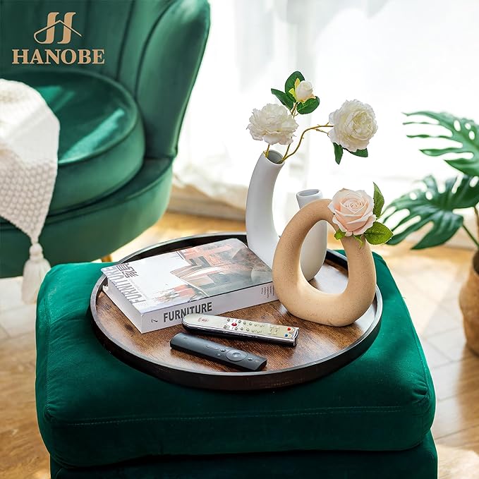 Hanobe Decorative Coffee Table Tray: Brown Wood Tray Round Rustic Wooden Trays Circle Farmhouse Centerpiece Candle Holder for Home Decor Ottoman Counter Display Living Room Organizer 18"