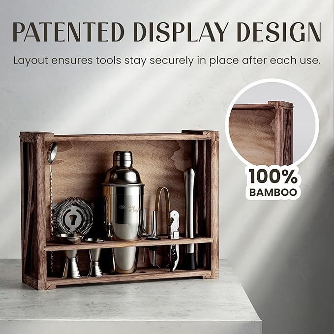 Mixology & Craft 11-Piece Cocktail Shaker Set with Wood Stand | Complete Cocktail Kit Gift Set | Top Bartender Gifts for Men & Women | Leak-Proof Tools (Gun-Metal Black)
