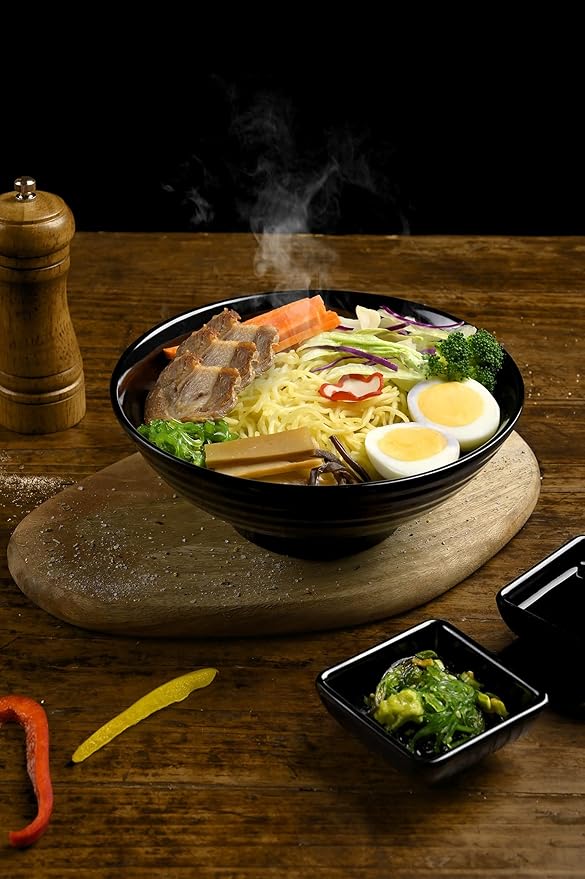 4 Noodle Bowls Set - large 32oz Ramen Bowl Set for authentic Asian Cuisine - with Dipping Bowls, Spoons, Chopsticks & Chopstick Stands. Enjoy Thai Miso Udon Wonton (4 Bowl Set, Black)