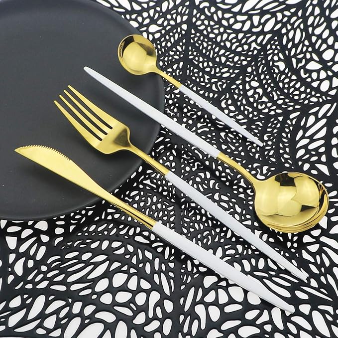 Shiny Silverware Sets, 24-Piece Elegant Cute White Handle Gold Cutlery set,304 Stainless Steel Silverware Set for Eating Home Kitchen Hotel Restaurant, Sets for 6 People, Dishwasher Safe