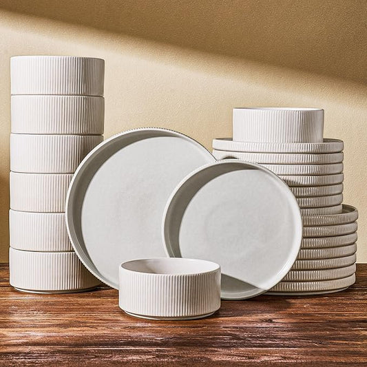 Stoneware Plates and Bowls Dishes Sets for 6 (18-Piece), Handcrafted Reactive Glaze Dinnerware Set with Raised Rim, Scratch Resistant, Microwave Dishwasher Safe, Matte Reactive White