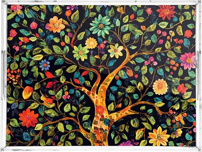 Serving Tray with Handles Clear Acrylic Tray 12x16 Inch Decorative Rectangular Tray Organizer for Ottoman Coffee Table Bathroom Tree of Life Floral Leaves Black