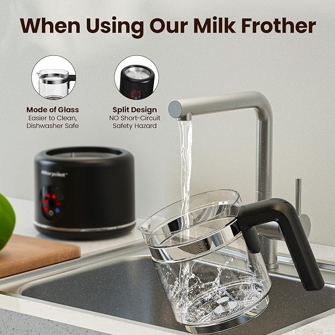 Large Electric Milk Frother and Steamer, 16.9oz/500ml Milk Steamer and Frother for Latte or Hot Chocolate, Dishwasher Safe, 6 Functions, Enjoy Perfect Milk Froth in 2 Min (Black-Glass)