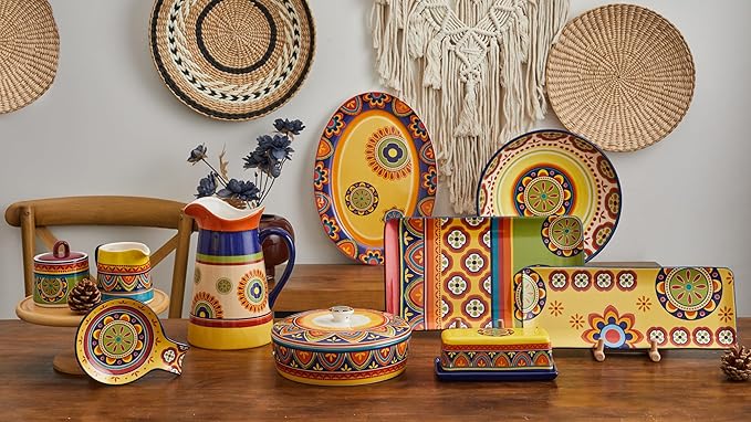 Bico Tunisian Ceramic 2.5 Quarts Pitcher with Handle, Decorative Vase for Flower Arrangements, Dishwasher Safe