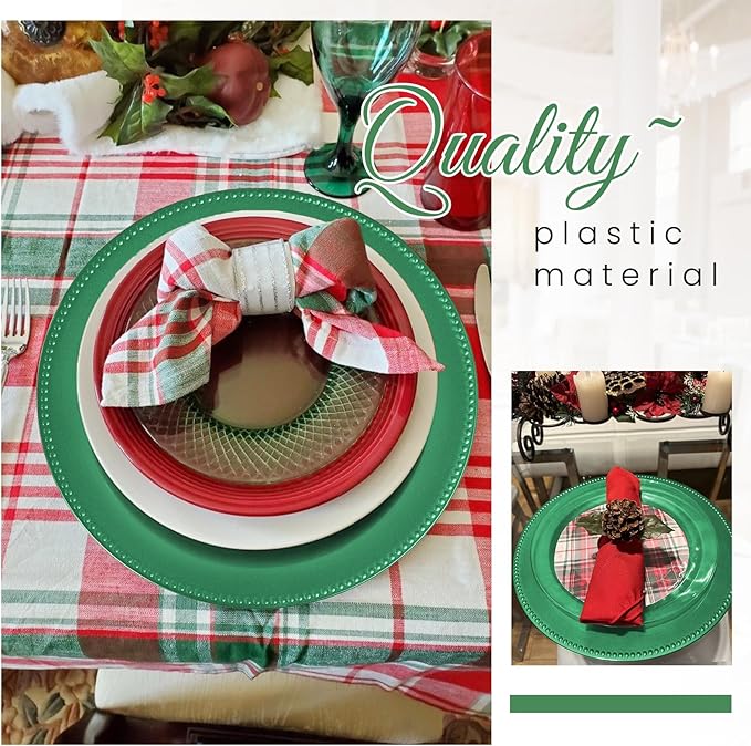24 Pcs Green Dinner Plates, 13" Round Beaded Decorative Chargers for Wedding, Holiday, Baby Shower Events (Green)