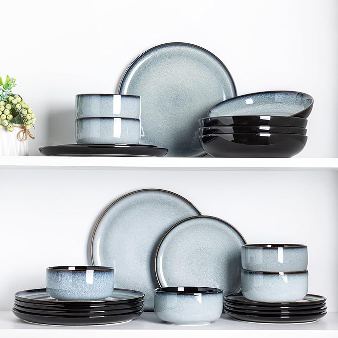 LeRATIO Ceramic Dinnerware Set of 4, Poreclain Plates, Bowls, Handmade Reactive Glaze Dishes, Chip Resistant, Oven & Dishwasher Safe, Service for 4-Gray White
